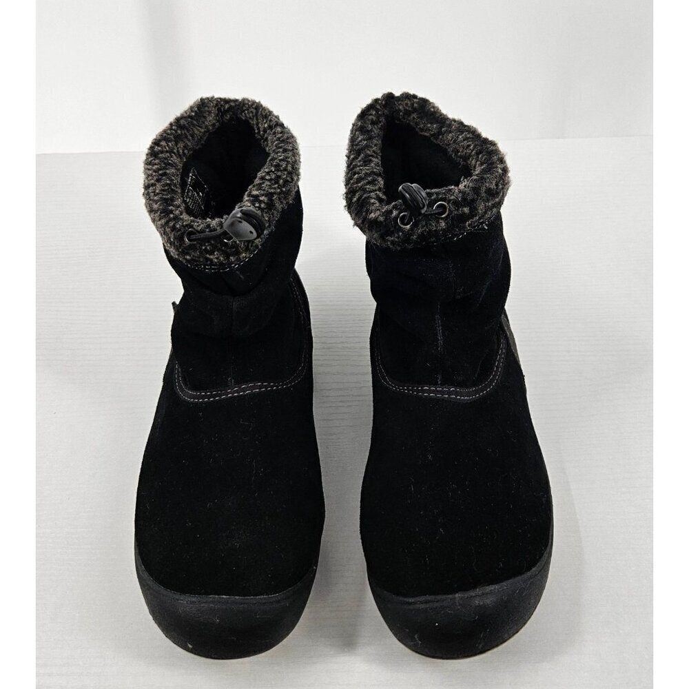 Eddie Bauer Women 8 Hedy Black Pull-on Boots Leather Suede Faux Fur Cinch Top - Picture 2 of 7